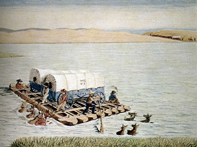 Joseph Goldsborogh Buff crosses a river with his prairie schooner on his way to California in 1849.