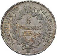 France, Napoleon, First Consul of the French government 1799-1804, 5 francs, silver (25.0 g), Paris, year 8 (= 1799)
