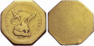 Moffat & Company. Octogonal 50 dollar piece from 1851. From auction sale Hess-Divo 323 (2013), 887.