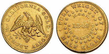 Norris, Grieg & Norris. Privately minted gold coin 1849 weighing a