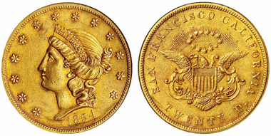 Kellogg & Company. 20 dollar piece 1854. From auction sale Hess-Divo 309 (2008), 707.