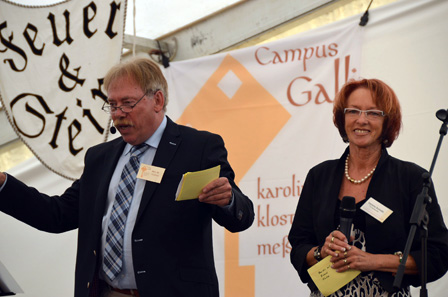 Opening ceremony of Campus St. Galli, to the left the project's initiator and chairman of the board, Bert M. Geurten, to the right the head of site, Verena Scondo. Photograph: Campus St. Galli.