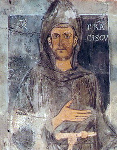 Top part of the oldes portrait of St Francis, a mural painting in the sacred grotto 'St Benedict's Cave' in Subiaco.