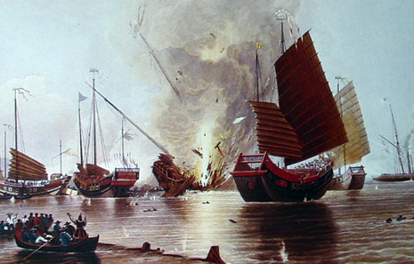 The British ship HMS Nemesis destroys Chinese junks at the beginning of the First Opium War (1839-1842). Painting by E. Duncan, 1843. Source: Wikipedia.