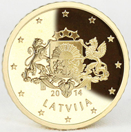 Four denominations of Latvia's new euro coins: 2 euros, 1 euro, 50 cents, 5 cents. © Staatliche Münze Baden-Württemberg.