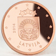 Four denominations of Latvia's new euro coins: 2 euros, 1 euro, 50 cents, 5 cents. © Staatliche Münze Baden-Württemberg.