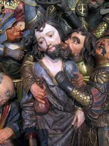 Judas' purse right in the middel of theTtaking of Christ. Suffering of Christ relief from Zwiefalten Abbey, around 1520. Photograph: KW.