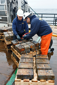 The Odyssey crew inspects the silver bars as they are recovered from the SS Gairsoppa site and unloaded on deck of the Seabed Worker. Photo: Odyssey Marine Exploration, Inc., www.odysseymarine.com