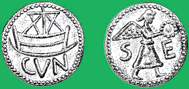 Cunobelinus bronze unit, c.AD 10-40, with sea-going ship. Naval victory? Or minted at Sego? © Jane Bottomley.