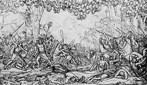 The Battle of the Teutoburg Forest. Drawing of Crown Prince Frederick III. Clearly visible are the oaks under which the Prussian Prince let the battle take place.