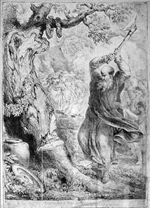 Boniface felling the oak of Thor. Copperplate drawing by Bernhard Rode, 1781.