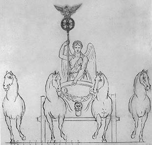 By the victory sign designed in 1814 the goddess of peace becomes Victoria announcing the victory over the French.
