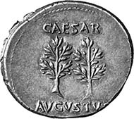 Augustus, 27 B. C. - A. D. 14. Denarius, Caesaraugusta, 19-18. Head with oak wreath l. Rev. laurel tree. From auction sale MMAG 93 (2003), 83.