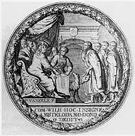 Amsterdam. Medal 1648. Holy Roman Emperor Maximilian granted the city of Amsterdam their privileges in 1488. Scenery encompassed by oak wreath. Rev. Philipp IV sealed the peace with the seven provinces. Scenery encompassed by oak wreath.