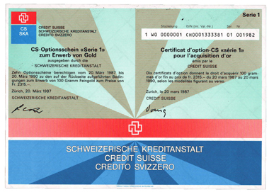 Credit Suisse call warrant on gold from the 1980s. © Wertpapierwelt - Stiftung Sammlung hist. Wertpapiere, Olten.