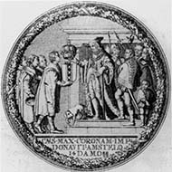 Amsterdam. Medal 1648. Holy Roman Emperor Maximilian granted the city of Amsterdam their privileges in 1488. Scenery encompassed by oak wreath. Rev. Philipp IV sealed the peace with the seven provinces. Scenery encompassed by oak wreath.