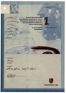 Modern style preferred share of Porsche AG. © Wertpapierwelt - Stiftung Sammlung hist. Wertpapiere, Olten.