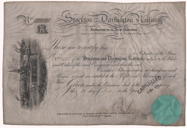 Founder's share of the world's first railroad company: Stockton and Darlington Railway. © Wertpapierwelt - Stiftung Sammlung hist. Wertpapiere, Olten.