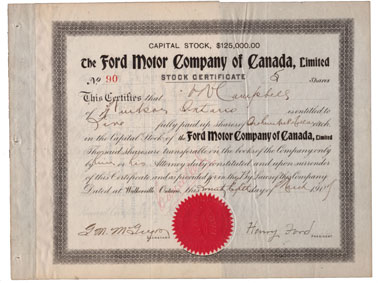 Share of the Ford Motor Company with the signature of Henry Ford. © Wertpapierwelt - Stiftung Sammlung hist. Wertpapiere, Olten.