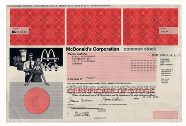 Apple Computer and McDonald's: symbols of globalization. © Wertpapierwelt - Stiftung Sammlung hist. Wertpapiere, Olten.
