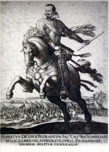 Equestrian portrait of Wallenstein, copperplate engraving, no year. Original measures 35.3 x 26.6cm, c.1625/28.