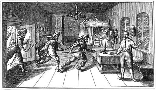 The killing of Wallenstein in Eger/Cheb in the Thirty Years' War. After an anonymous contemporary copperplate engraving.