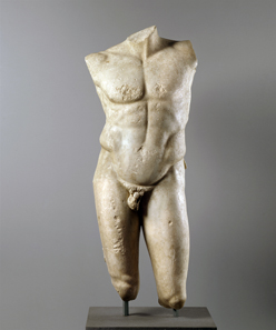 Torso of a naked athlete, the so-called diadumenos ('diadem-bearer'); marble; Roman copy of a bronze statue of Greek sculptor Polykleitos from c.420 BCE. © Antikenmuseum Basel.