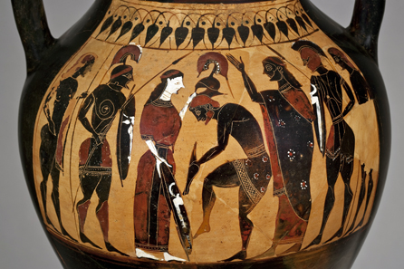 Scene of a hero's life: the dressing ceremony; wine vessel (amphora) from Athens; clay; c.550/40 BCE. © Antikenmuseum Basel.