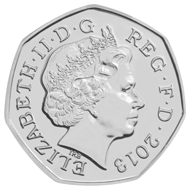 Christopher Ironside's 'lost' Royal Arms design for the decimal fifty pence piece. The Royal Mint has revived it to commemorate the 100th anniversary of Christopher Ironside?s birth. This is the new edition.