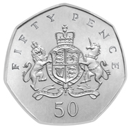 Christopher Ironside's 'lost' Royal Arms design for the decimal fifty pence piece. The Royal Mint has revived it to commemorate the 100th anniversary of Christopher Ironside?s birth. This is the new edition.