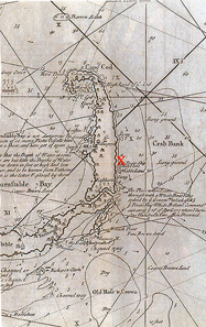 A map of the shipwreck's location drawn by Captain Cyprian Southack sent to the site after the storm in order to recover the plunder. He did not find the treasure but buried over 100 of the dead pirates.