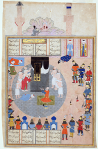 Alexander visits the Ka'bah illustration to the Shahnamah of Firdawsi Shiraz, mid 16th century, ink, opaque watercolour and gold on paper, 37.5 x 24.2 cm. Nasser D. Khalili Collection of Islamic Art © Nour Foundation. Courtesy of the Khalili Family Trust.