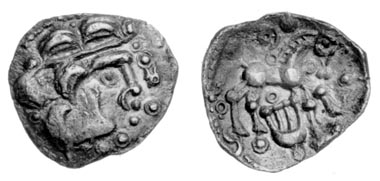 Chichester Lyre silver unit, 15mm,1.30g, ABC 650. Locally engraved version of Sussex Lyre, c.55-40 BC. Both prototypes for the Andover punch. Found at Tangmere, near Chichester, W Sussex, 1996. Photo: Chris Rudd.