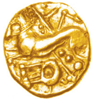 Forger's bronze die, 23x18mm, 46.80g, for reverse of Gallo-Belgic Crossed Lines quarter stater, c.mid to late 2nd century BC (cf. ABC 37), like this gold-plated forgery from France. Found near Alton, N Hants., 22.4.2003. Photos: Trevor Evans, Hampshire County Council Museums Service (die), Chris Rudd (coin).