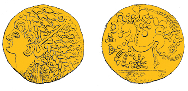 A gold-plated forgery (4.63g) of a Gallo-Belgic Broad Flan stater, c.175-100 BC, Sills Ab1 class 4b, like this genuine gold one (7.39g) from Leighton Buzzard, Beds., 1849. Found near Andover, N Hants, 27.2.2011. Were both made in Britain? Source: F W Fairholt for John Evans, 1864.