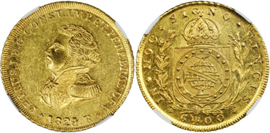 Lot 12071, BRAZIL. 6,400 Reis (Peca), 1824-R. NGC MS-61. Realized $47,000.