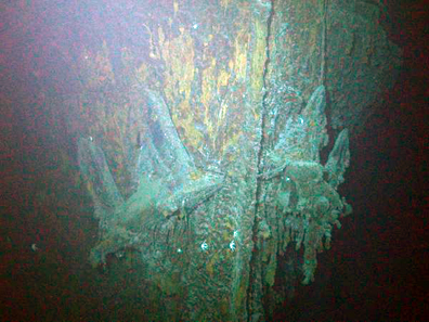 The bow of the SS Gairsoppa with both anchors visible has been lying nearly 3 miles beneath the North Atlantic since 1941. Photo: Odyssey Marine Exploration, Inc., www.odysseymarine.com.