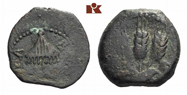 Agrippa I, 37-44. AE, year 6 (41/42), Jerusalem. Av. sun shade. Rev. three ears of grain. Meshorer, Treasury 120. From Künker eLive auction 19 (2013), 264.