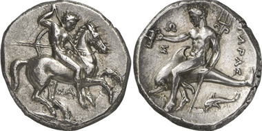 Taranto. Didrachm, before 300 BCE. From Gorny & Mosch 195 (2011), 14.