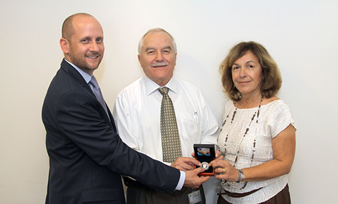 Right to left, Gilada Diament, daughter of Yitzhak Shamir, Yair Shamir, Minister of Agriculture, Aviv Katz, CEO, Israel Coins and Medals Corp.