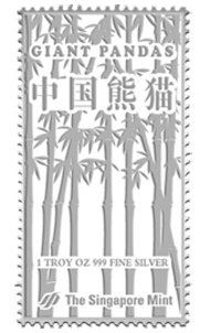 Singapore / 2 $ / Giant Pandas 1oz 999 Fine Silver Proof Minted Stamp Ingot / 1oz .999 silver / 29.85mm x 55.80mm / Mintage: 5,000.