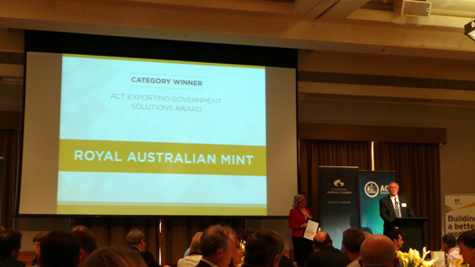 Royal Australian Mint CEO Mr Ross MacDiarmid accepting the Exporting Government Solutions Award at the ACT Chief Minister's Export Awards presentation.