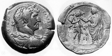 Hadrian, 117-138. AE, 130/1. Rev. emperor giving Egypt a leg-up. CNG 13 (1990), 112. The reverse motifs of 130/1 focus entirely on the imperial visit. In the following year, the mint reverted to its usual subjects for the coin reverses again.