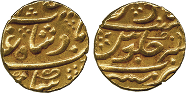 2009: Coins of India. East India Company. Bombay Presidency, Gold Mohur, in the name of 'Alamgir II. Year 9 (posthumous), Mumbai mint. Pr 8. Good very fine, small edge test cut, very rare. Starting price: 4,000 GBP. Sold for: 10,000 GBP.