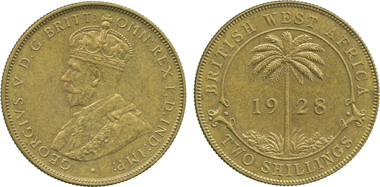 3202: British West AFRICA. George V, Brass 2-Shillings, 1928. KM 13b. Semi-prooflike, about uncirculated. Starting price 4,800 GBP. Sold for: 10,000 GBP.