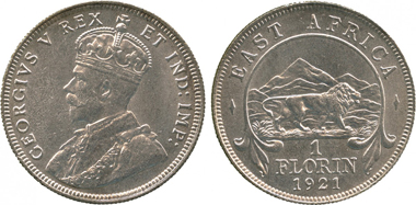 3663: East AFRICA. George V, Trial/Pattern Silver Florin, 1921 (KM 16). Frosty uncirculated and excessively rare. Starting price: 2,400 GBP. Sold for: 11,000 GBP.
