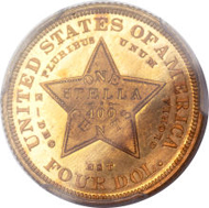 6752: 1879 $4 Flowing Hair, Judd-1635, Pollock-1832, R.3, PR65 Cameo PCGS Secure. $193,875.