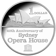 2013 40th anniversary of the Sydney Opera House Silver Proof $1 Coin Reverse (left) and Uncirculated $1 Coin Reverse (right).