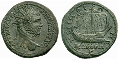 455 Perinthos (Thrace). Caracalla. Bronze medallion. Rev. battle ship. Very rare. Estimate: 4,000 Euros. Price realized: 21,000 Euros.