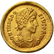 Lot 34. AV Solidus Theodosius I. Constantinople. 388-392 AD. RIC 71a. About EF. 1,500 euros.